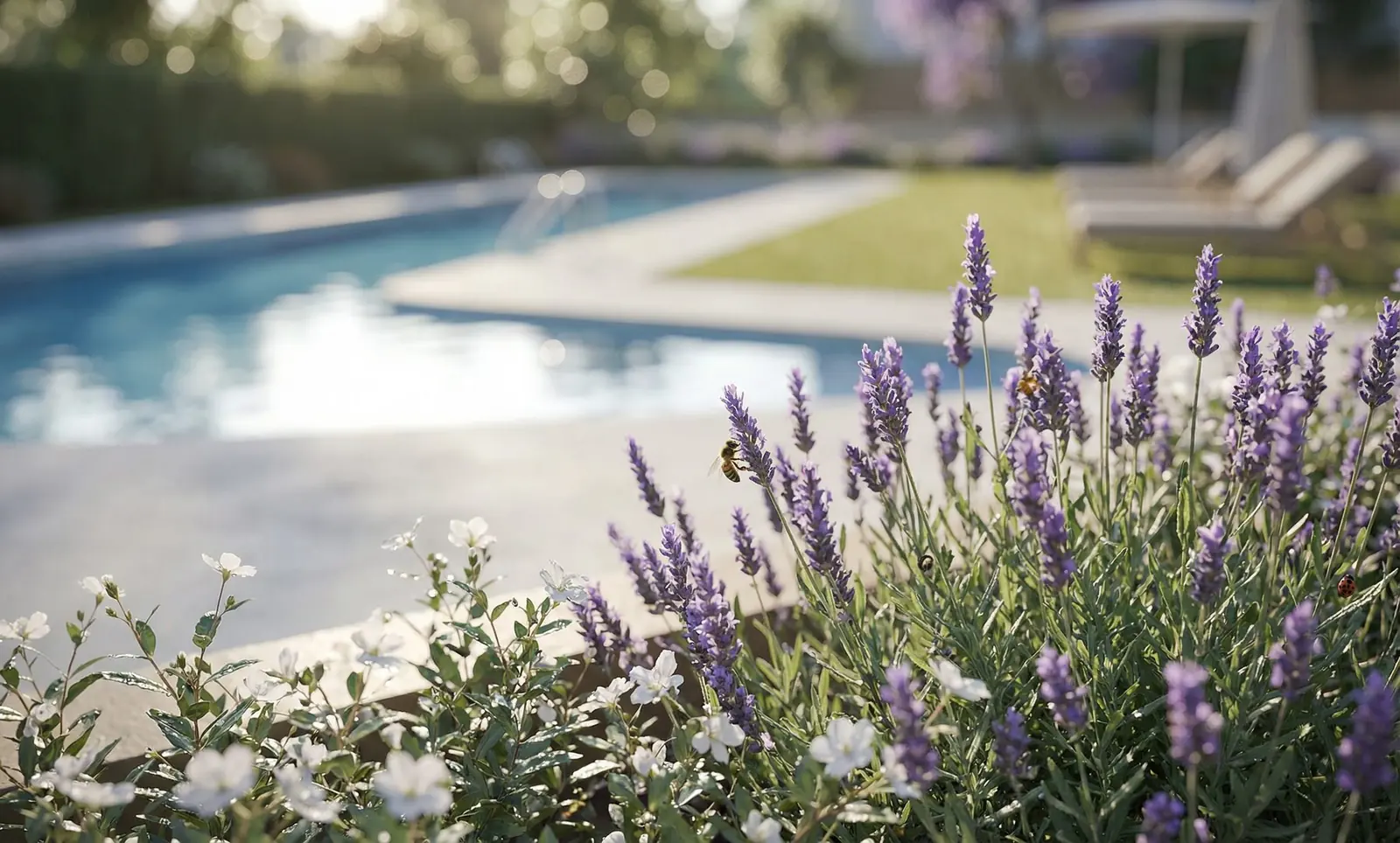 Infografía 3D de detalle de lavanda junto a la piscina de Captar el Sur, propuesta de concurso restringido de viviendas (Orfila11)