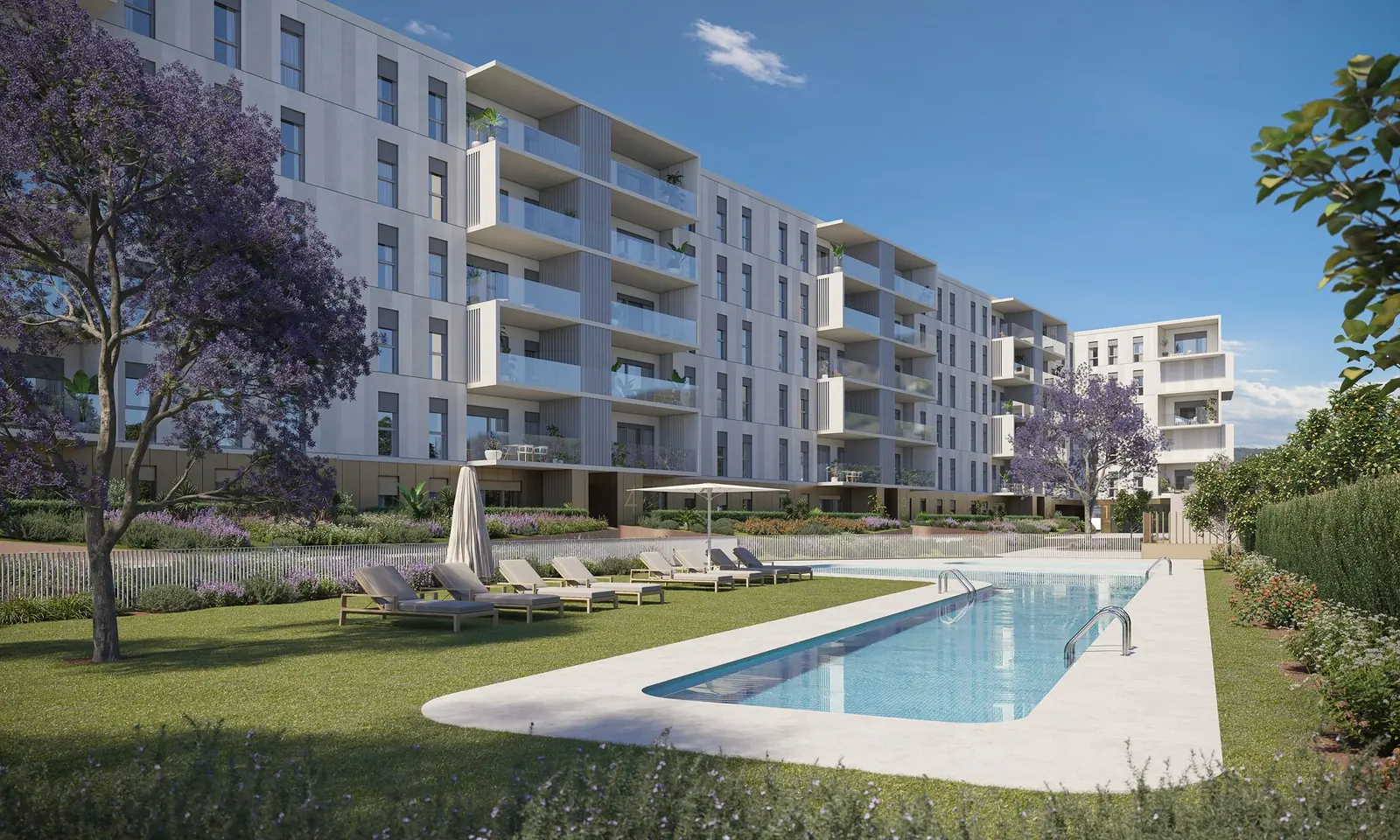 Infografía 3D de piscina y jardín comunitario de Captar el Sur, propuesta de concurso restringido de viviendas (Orfila11)
