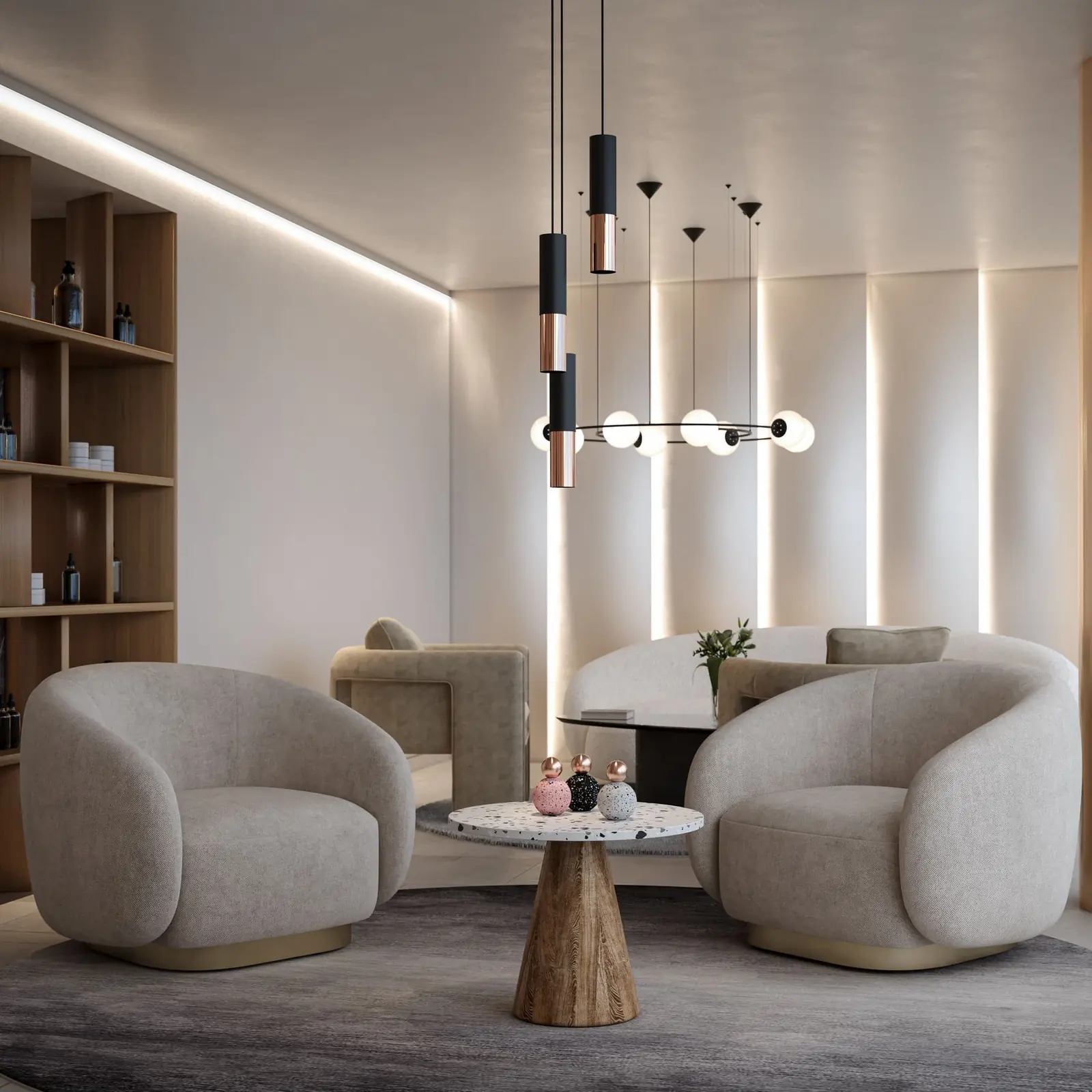 Infografía 3D de zona de espera con butacas de Clínica Sobreviela, interiorismo de clínica de medicina estética en Girona (Cataluña) (Cristina Nogué Studio)