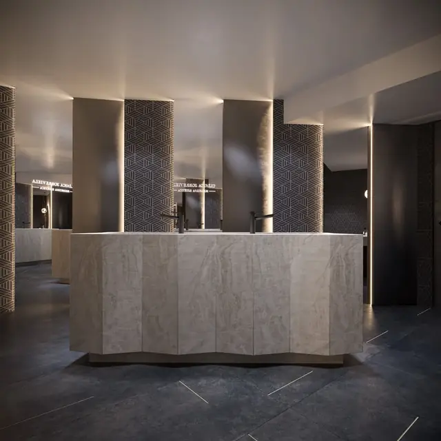 Infografía 3D de mostrador de piedra natural de Clínica Sobreviela, interiorismo de clínica de medicina estética en Girona (Cataluña) (Cristina Nogué Studio)