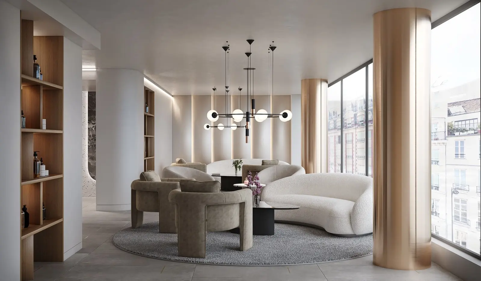 Infografía 3D de sala de espera con sofás envolventes de Clínica Sobreviela, interiorismo de clínica de medicina estética en Girona (Cataluña) (Cristina Nogué Studio)