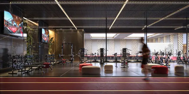 Infografía 3D de gimnasio con pista de atletismo de Complejo de pádel en Riyadh, complejo de pádel en Riyadh, Arabia Saudí (A1Padel)