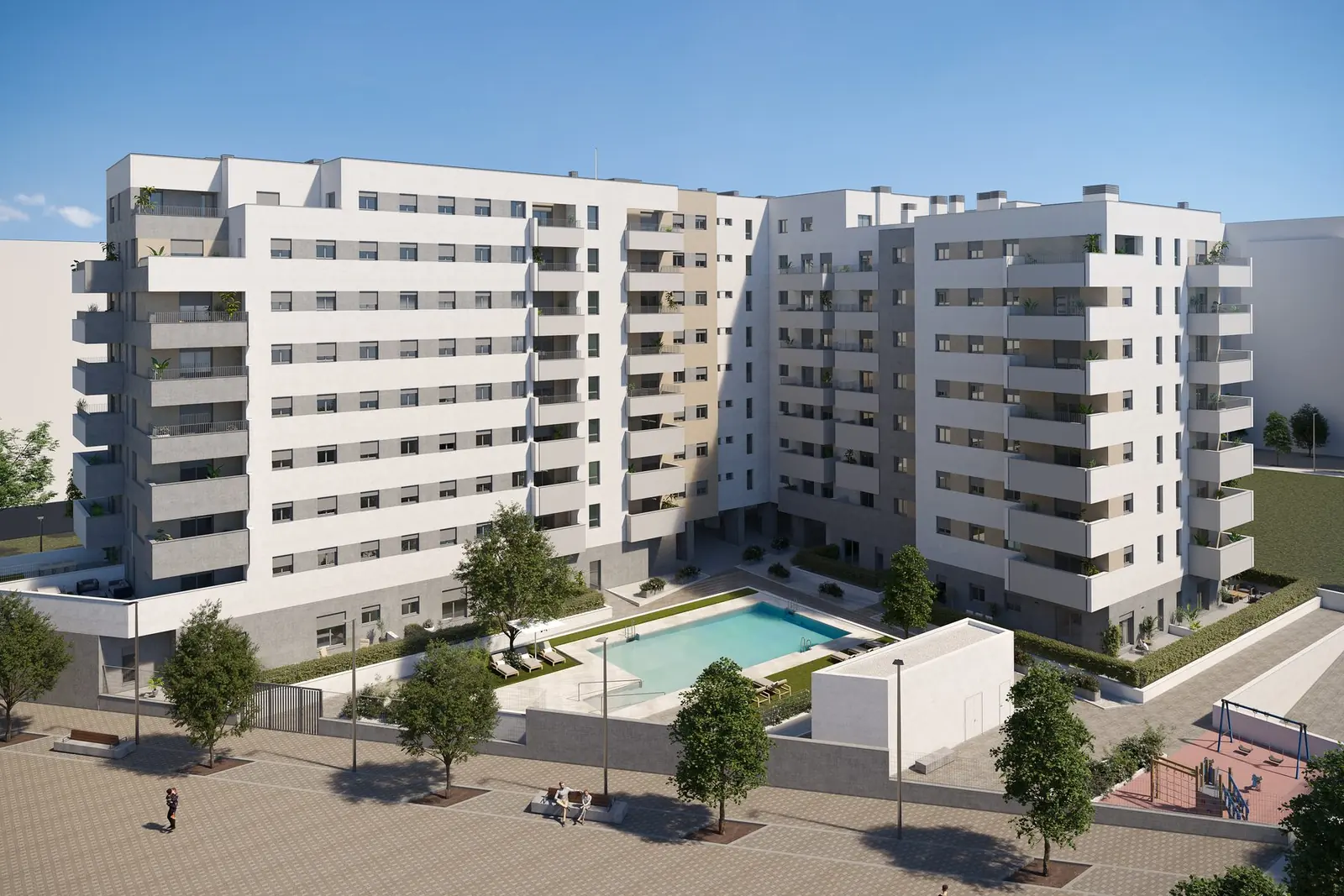 Infografía 3D de vista aérea del conjunto con la piscina en el patio de Erithea I y II, promoción residencial en Entrenúcleos, Dos Hermanas (Sevilla) (eaforum)