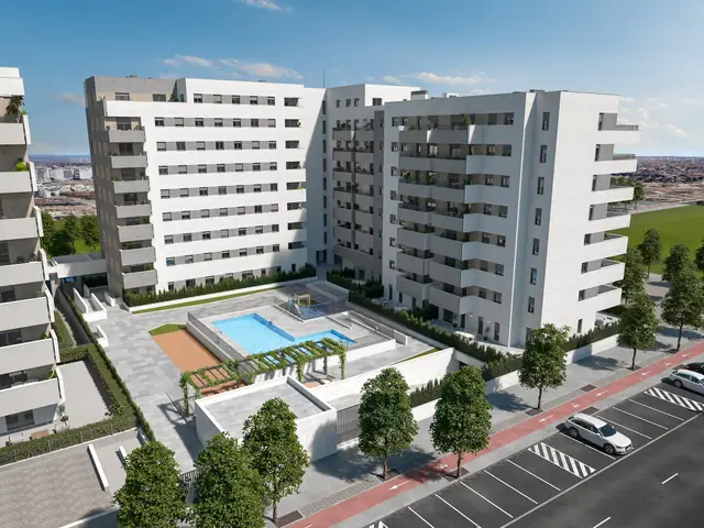Infografía 3D de vista aérea general del conjunto y su entorno de Erithea I y II, promoción residencial en Entrenúcleos, Dos Hermanas (Sevilla) (eaforum)