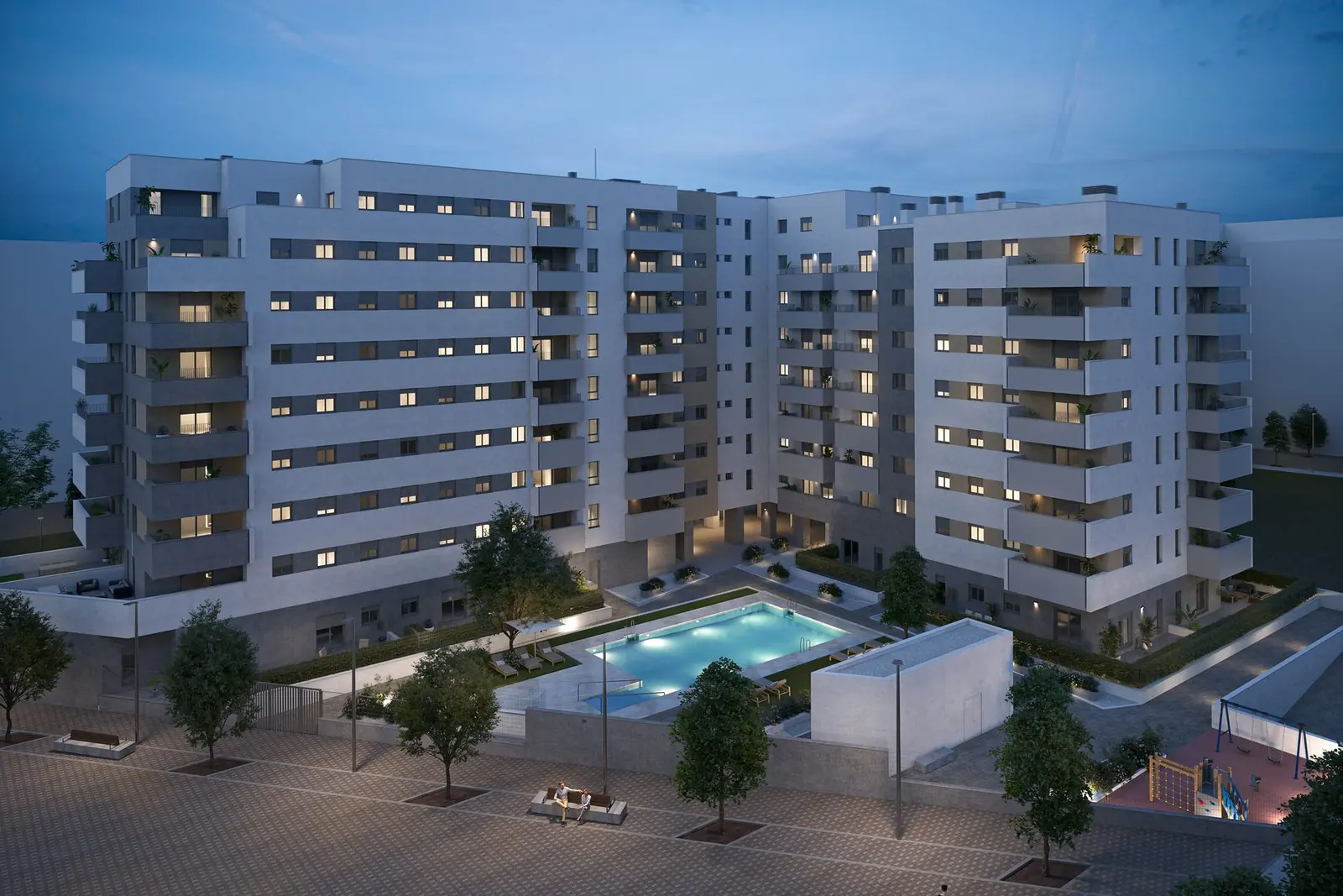Infografía 3D de vista aérea nocturna del conjunto de Erithea I y II, promoción residencial en Entrenúcleos, Dos Hermanas (Sevilla) (eaforum)