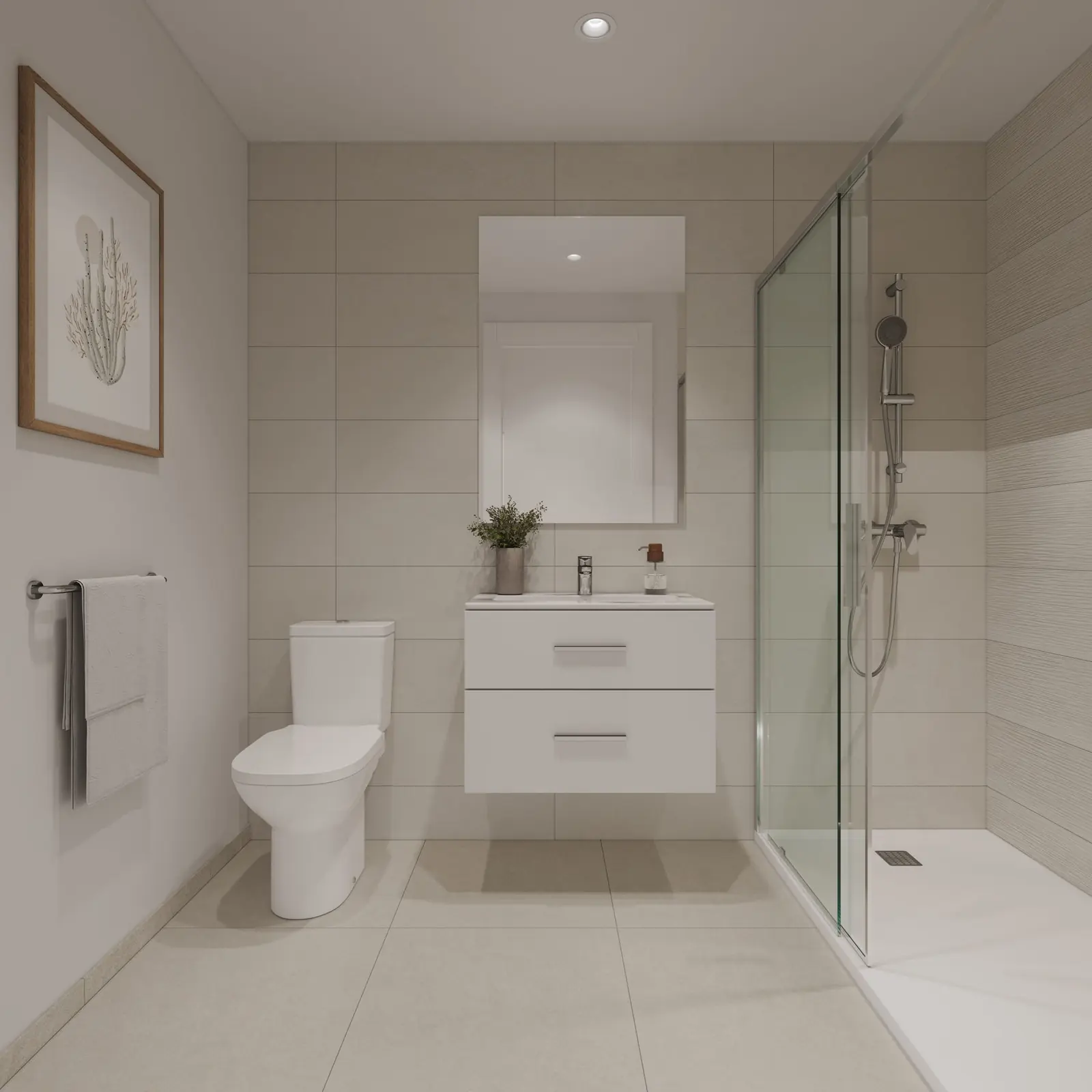 Infografía 3D de baño principal de Erithea I y II, promoción residencial en Entrenúcleos, Dos Hermanas (Sevilla) (eaforum)