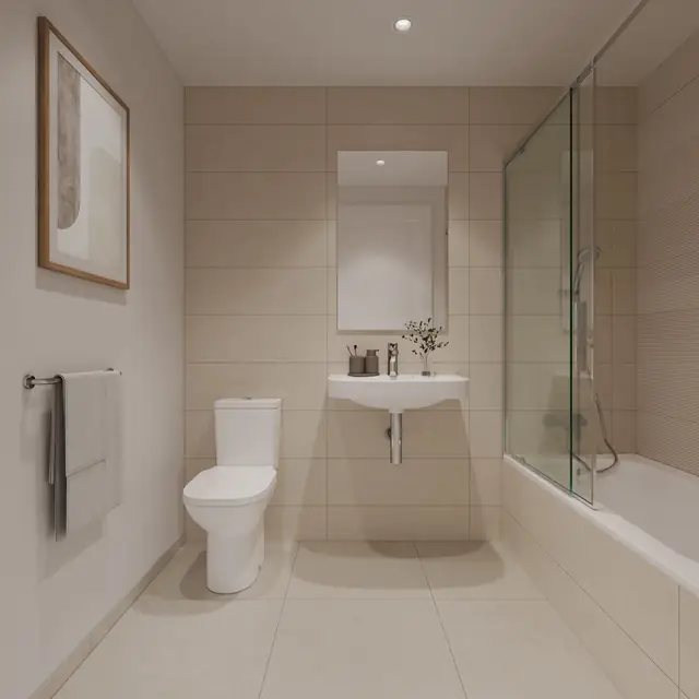 Infografía 3D de baño secundario de Erithea I y II, promoción residencial en Entrenúcleos, Dos Hermanas (Sevilla) (eaforum)