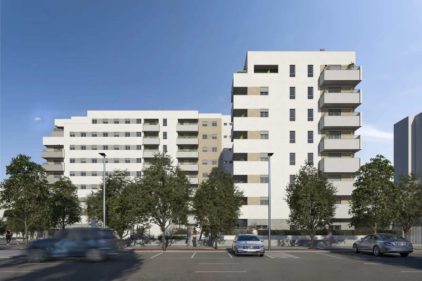 Infografía 3D de bloques desde la calle de Erithea I y II, promoción residencial en Entrenúcleos, Dos Hermanas (Sevilla) (eaforum)