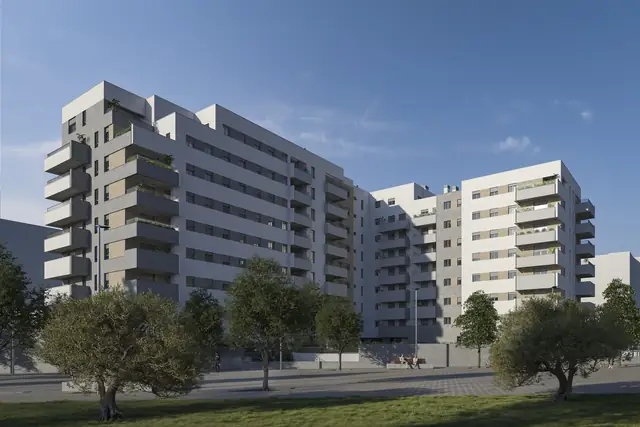 Infografía 3D de bloques desde la calle con olivos en primer plano de Erithea I y II, promoción residencial en Entrenúcleos, Dos Hermanas (Sevilla) (eaforum)