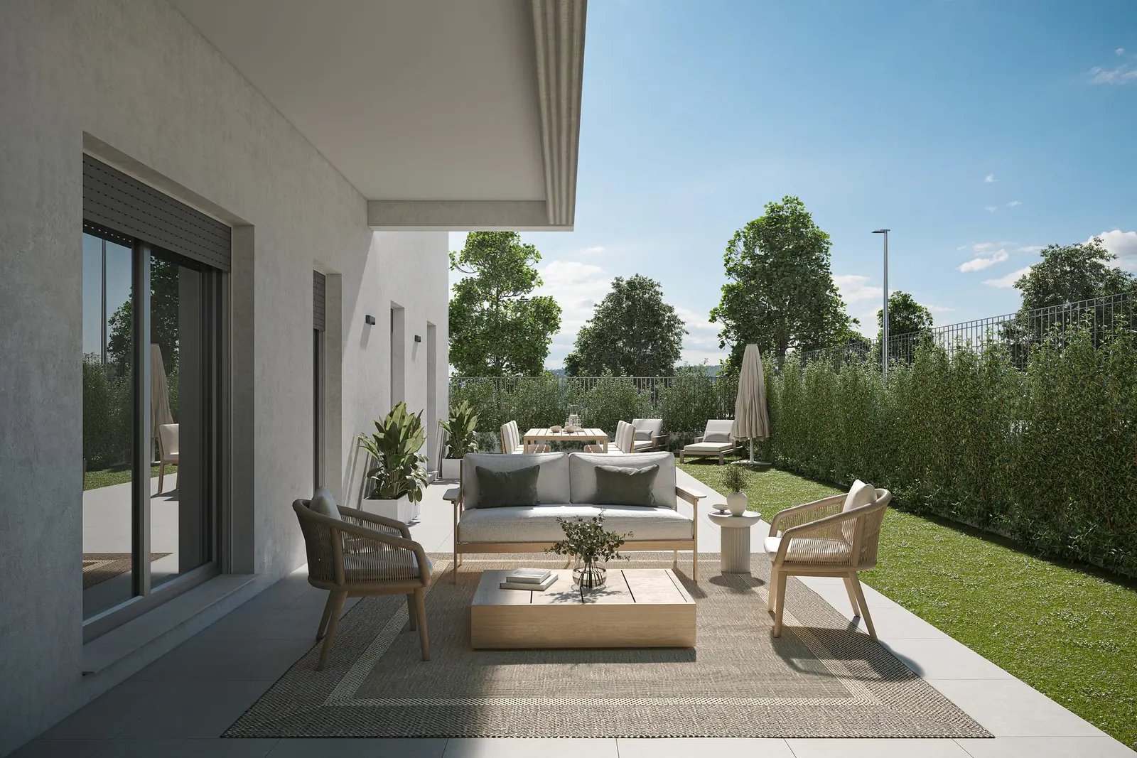 Infografía 3D de jardín privado de una vivienda en planta baja de Erithea I y II, promoción residencial en Entrenúcleos, Dos Hermanas (Sevilla) (eaforum)
