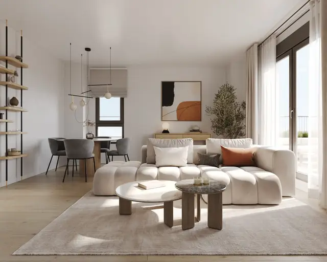 Infografía 3D de salón de una vivienda en planta baja de Erithea I y II, promoción residencial en Entrenúcleos, Dos Hermanas (Sevilla) (eaforum)