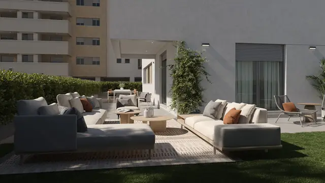 Infografía 3D de terraza de una vivienda en planta baja de Erithea I y II, promoción residencial en Entrenúcleos, Dos Hermanas (Sevilla) (eaforum)