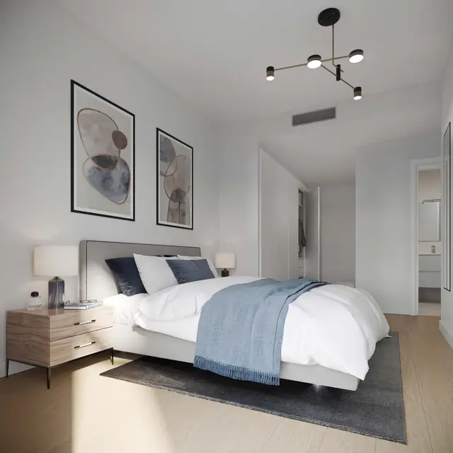 Infografía 3D de dormitorio principal de Fábrica de Vidrios, promoción residencial en Sevilla (Ámbito Arquitectura y Bakpak Arquitectos)