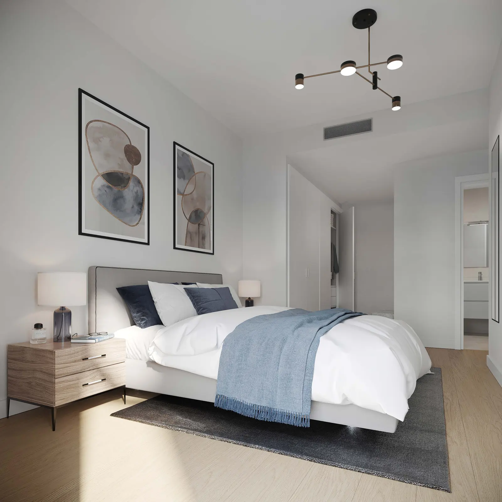Infografía 3D de dormitorio principal de Fábrica de Vidrios, promoción residencial en Sevilla (Ámbito Arquitectura y Bakpak Arquitectos)