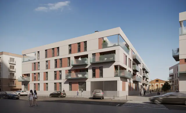 Infografía 3D de fachada a la calle con acceso al garaje de Fábrica de Vidrios, promoción residencial en Sevilla (Ámbito Arquitectura y Bakpak Arquitectos)