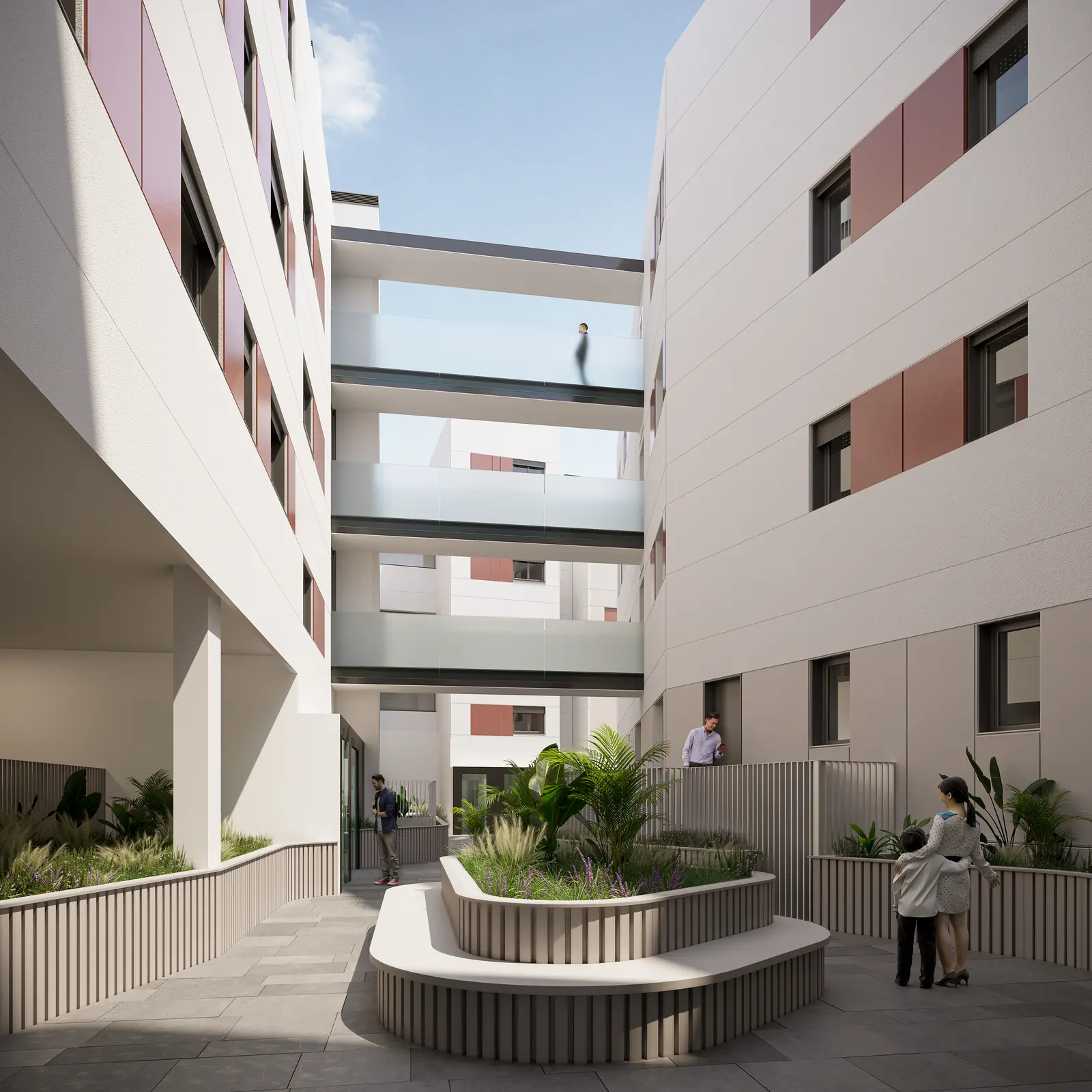 Infografía 3D de patio interior ajardinado con pasarelas de Fábrica de Vidrios, promoción residencial en Sevilla (Ámbito Arquitectura y Bakpak Arquitectos)