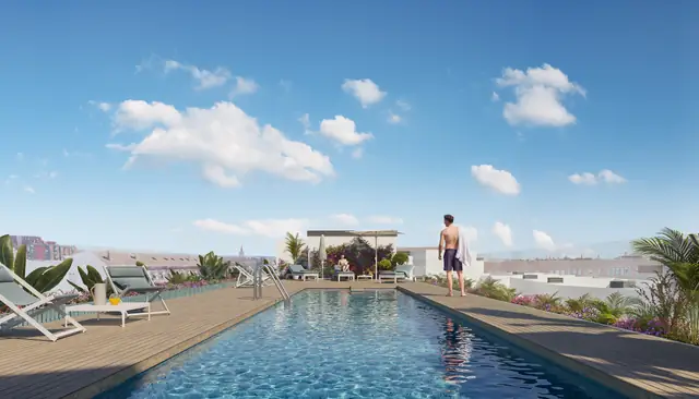 Infografía 3D de piscina en la cubierta con vistas a la Giralda de Fábrica de Vidrios, promoción residencial en Sevilla (Ámbito Arquitectura y Bakpak Arquitectos)