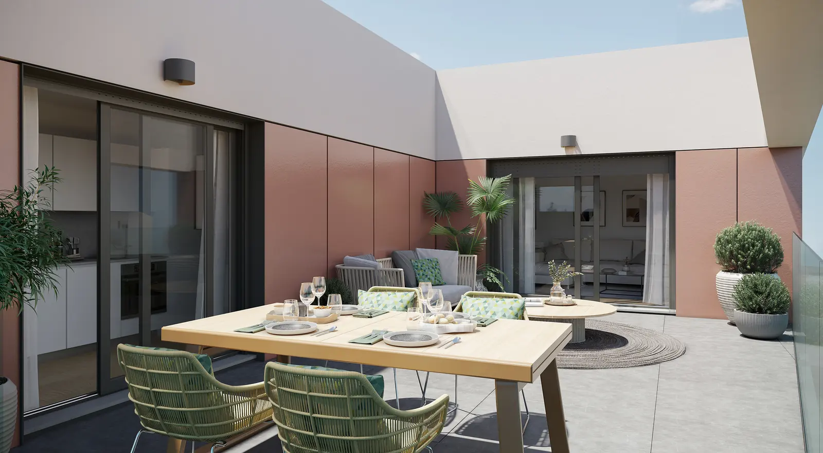 Infografía 3D de terraza de ático de Fábrica de Vidrios, promoción residencial en Sevilla (Ámbito Arquitectura y Bakpak Arquitectos)