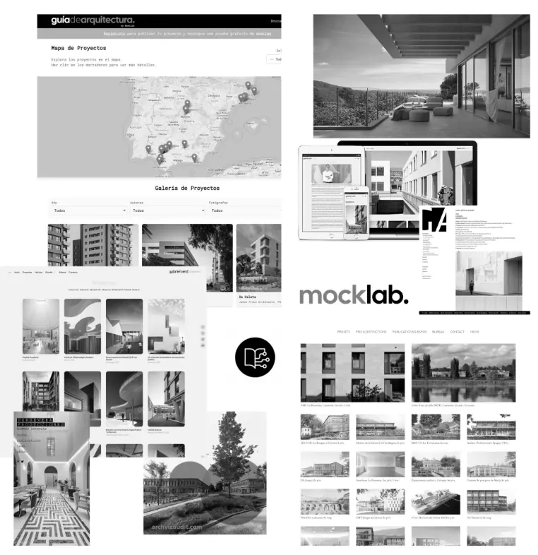Gestión de redes sociales y comunicación de arquitectura: webs, guía de arquitectura y piezas de comunicación que Nacho Villegas gestiona para estudios de arquitectura