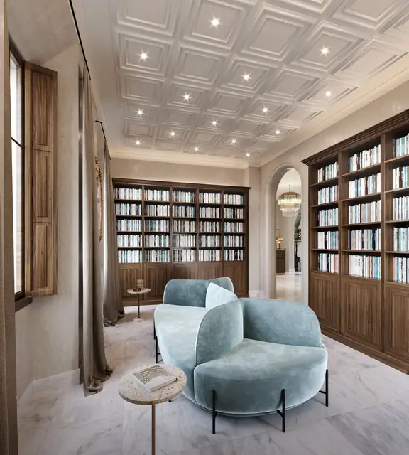 Infografía 3D de biblioteca de noche de Hotel en Andújar, rehabilitación hotelera en Andújar (Jaén) (nobo estudio)