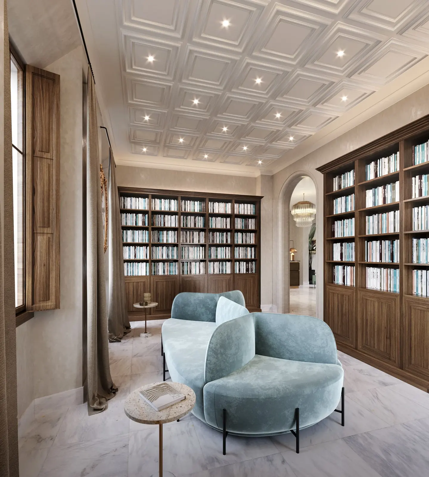 Infografía 3D de biblioteca de noche de Hotel en Andújar, rehabilitación hotelera en Andújar (Jaén) (nobo estudio)