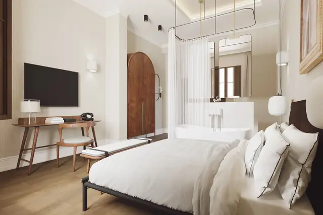 Infografía 3D de habitación con bañera exenta de Hotel en Andújar, rehabilitación hotelera en Andújar (Jaén) (nobo estudio)