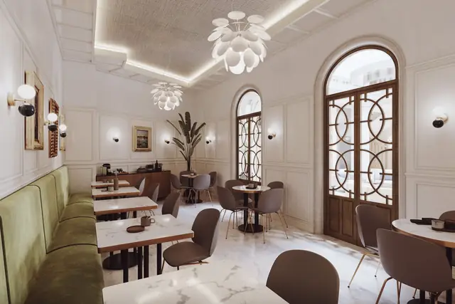 Infografía 3D de sala polivalente de Hotel en Andújar, rehabilitación hotelera en Andújar (Jaén) (nobo estudio)