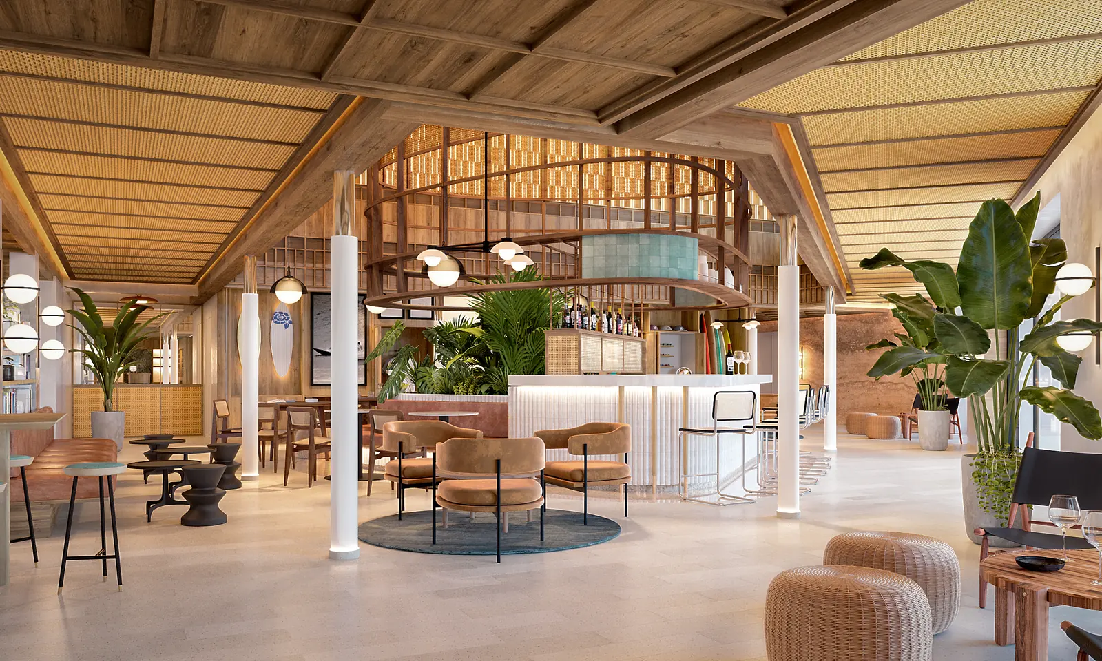 Infografía 3D de bar del lobby con techos de ratán y vigas de madera de Hotel en Lisboa, interiorismo hotelero en Lisboa, Portugal (Astet Studio)