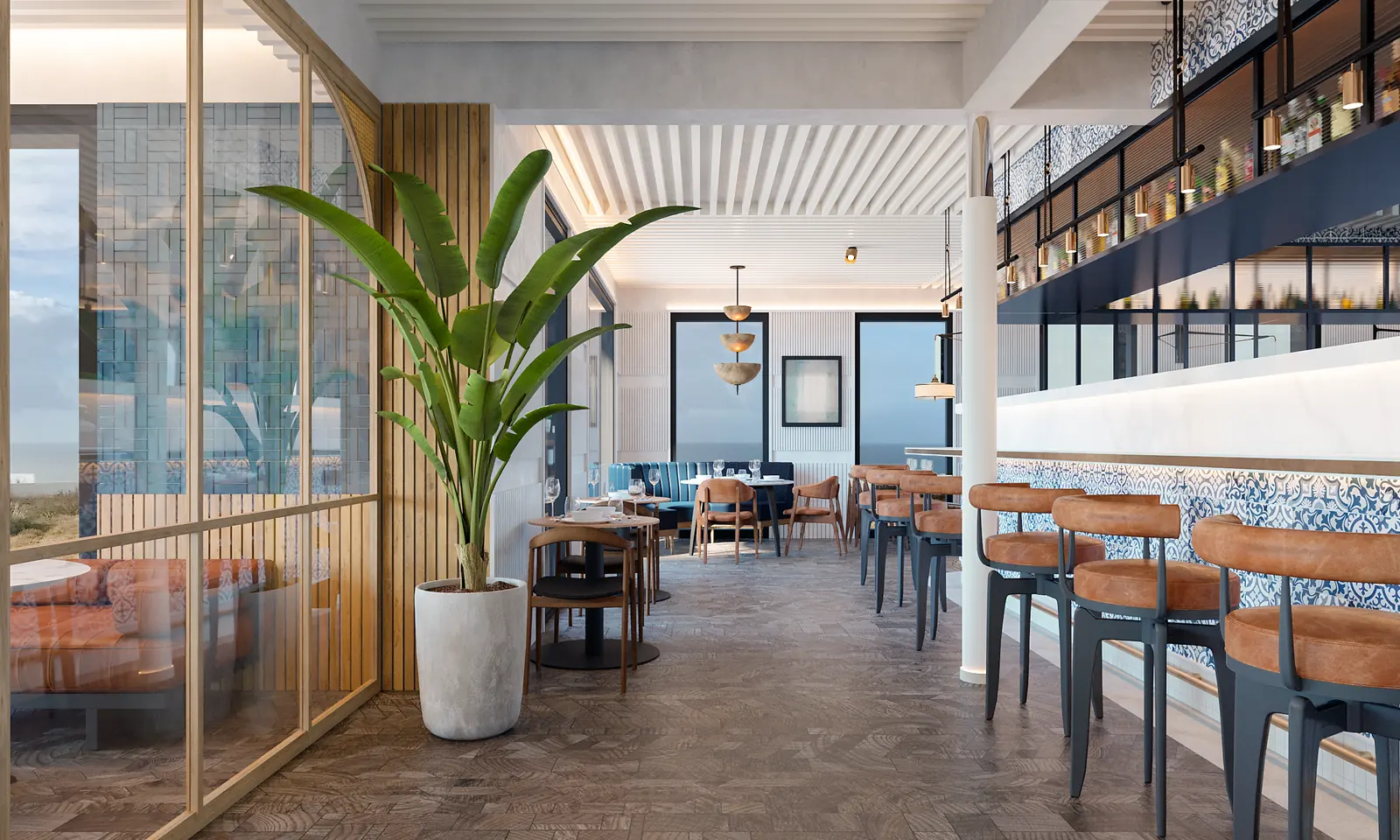 Infografía 3D de barra del restaurante con azulejo hidráulico de Hotel en Lisboa, interiorismo hotelero en Lisboa, Portugal (Astet Studio)