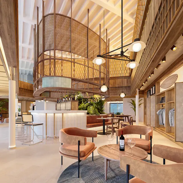 Infografía 3D de lobby a doble altura con estructura de madera y ratán de Hotel en Lisboa, interiorismo hotelero en Lisboa, Portugal (Astet Studio)