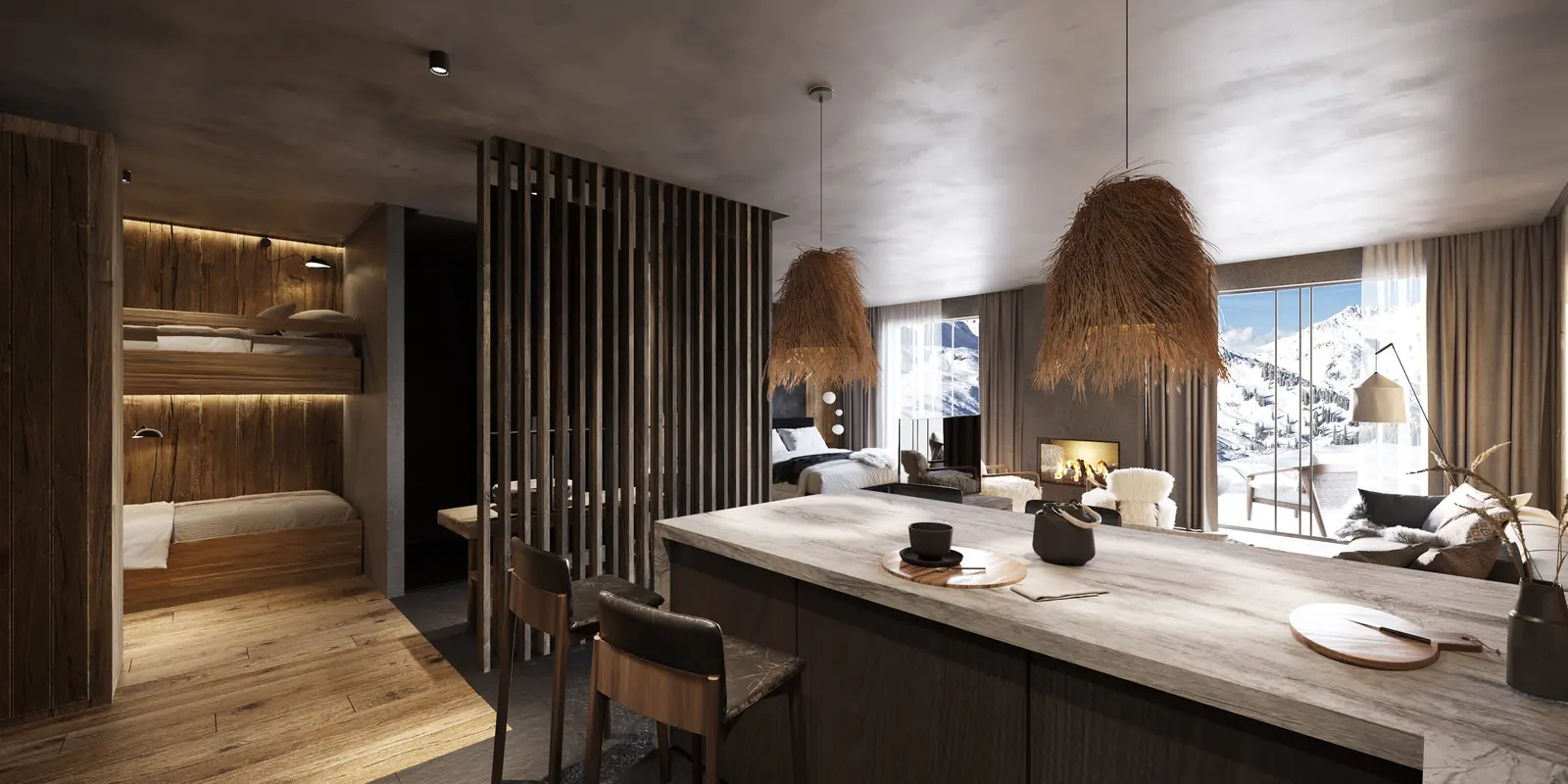 Infografía 3D de cocina con isla y literas junto a la zona de estar de Hotel en Sierra Nevada, interiorismo hotelero en Sierra Nevada (Granada) (Donaire Arquitectos)