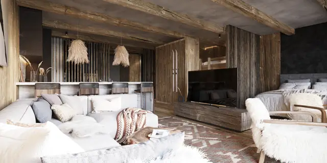 Infografía 3D de salón con barra de cocina y literas de Hotel en Sierra Nevada, interiorismo hotelero en Sierra Nevada (Granada) (Donaire Arquitectos)