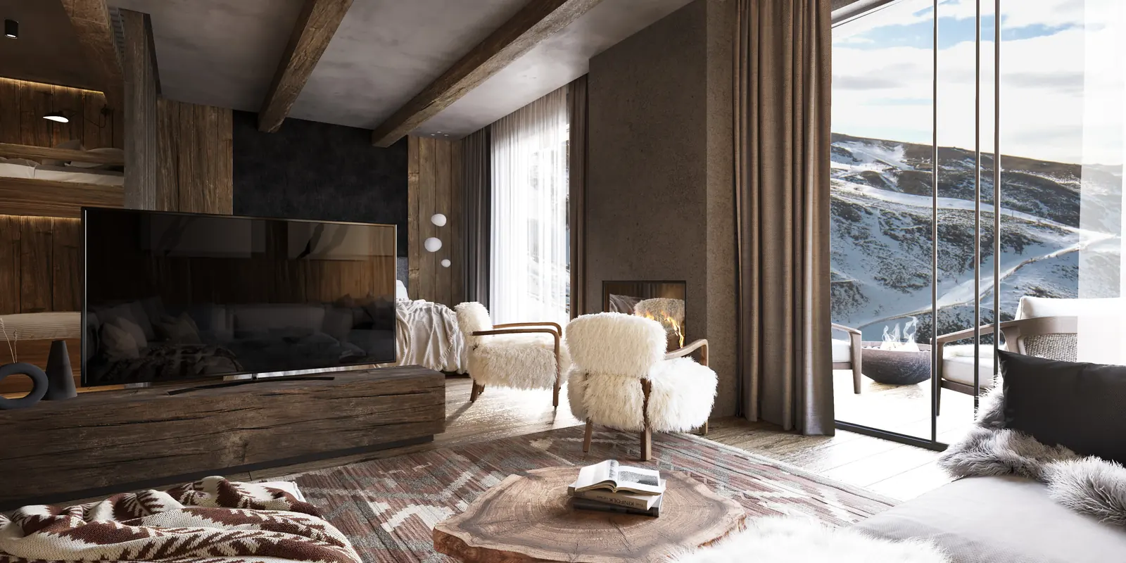 Infografía 3D de suite con chimenea y terraza con vistas a las pistas de Hotel en Sierra Nevada, interiorismo hotelero en Sierra Nevada (Granada) (Donaire Arquitectos)