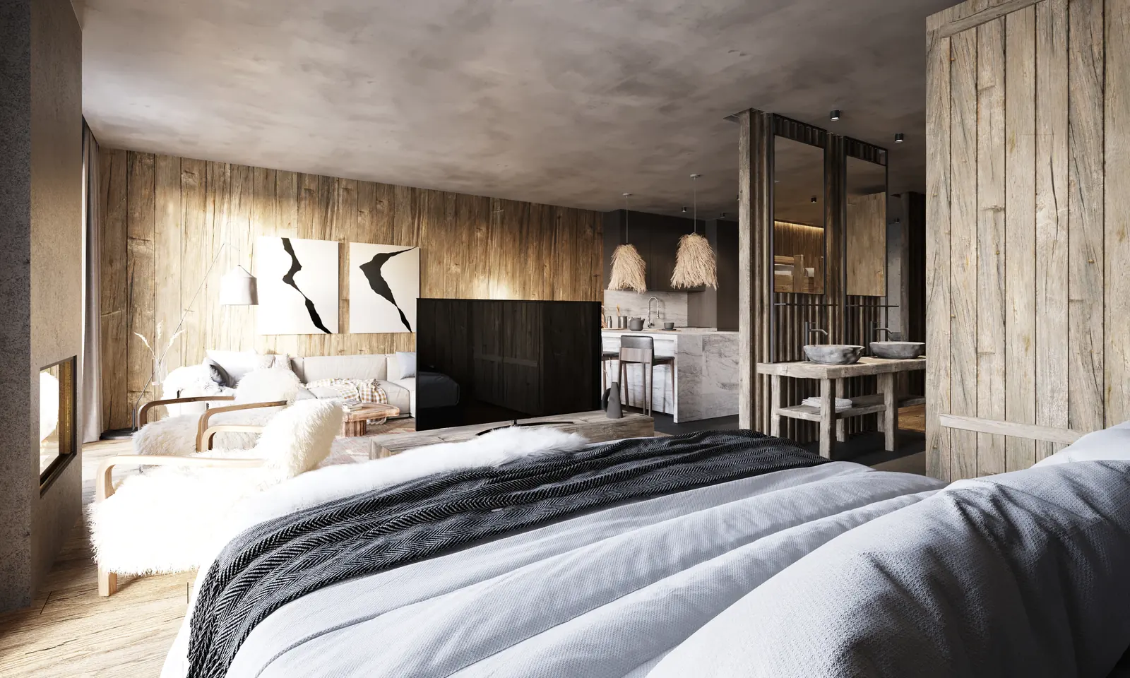 Infografía 3D de vista desde la cama hacia el salón y la cocina de Hotel en Sierra Nevada, interiorismo hotelero en Sierra Nevada (Granada) (Donaire Arquitectos)