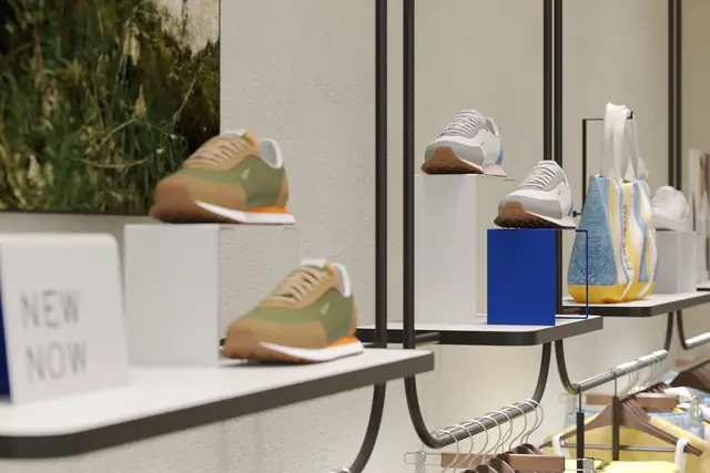 Infografía 3D de detalle de calzado en baldas con peanas de Pepe Jeans London Colombo, tienda retail en el centro comercial Colombo, Lisboa (AWWG)