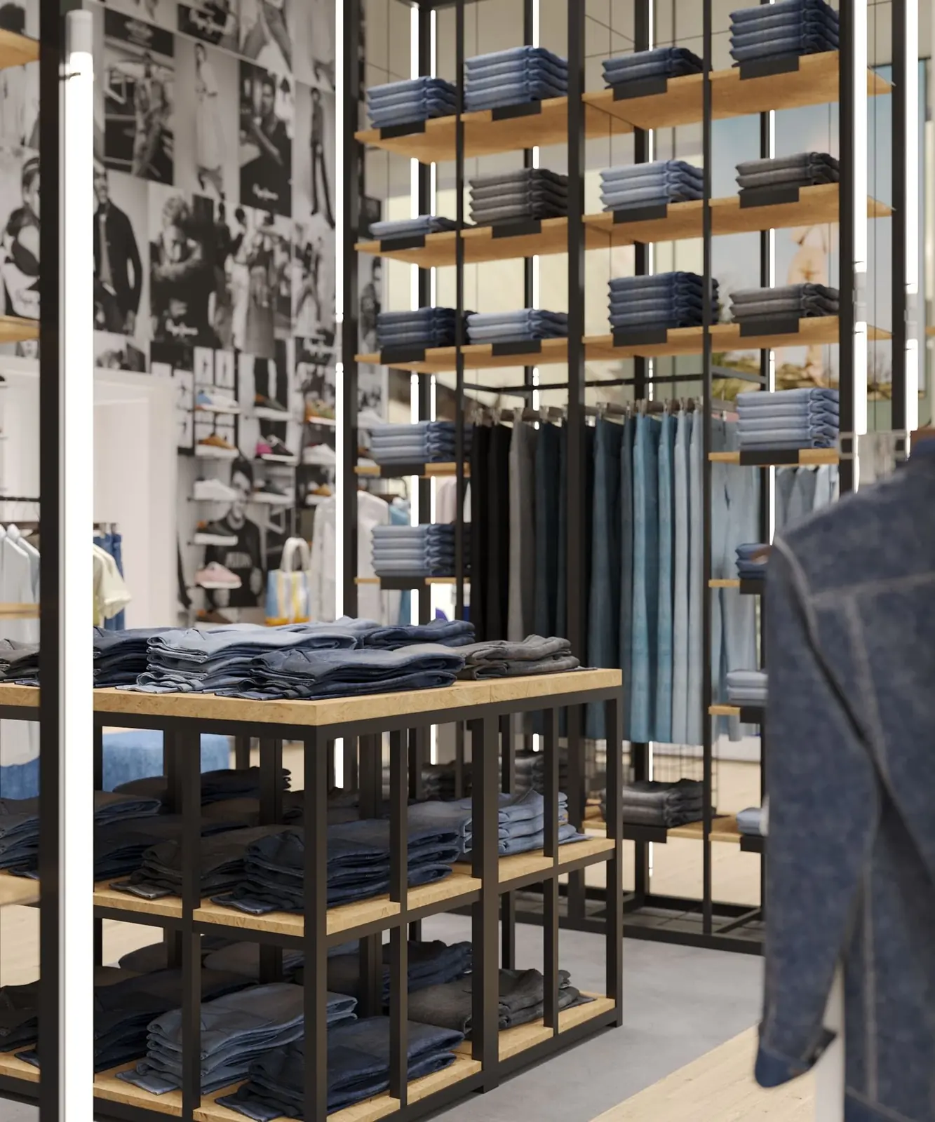 Infografía 3D de módulo de denim con estructura metálica iluminada de Pepe Jeans London Colombo, tienda retail en el centro comercial Colombo, Lisboa (AWWG)