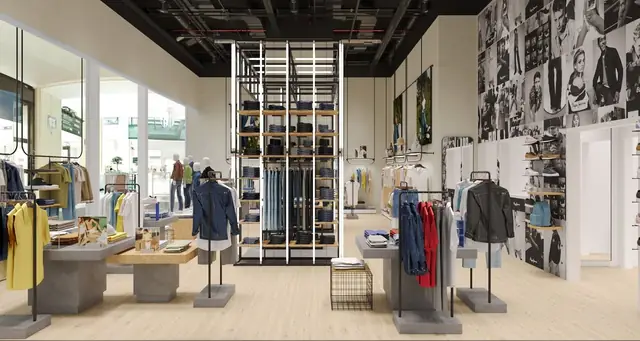 Infografía 3D de sala de ventas con el módulo central de denim y el mural fotográfico de Pepe Jeans London Colombo, tienda retail en el centro comercial Colombo, Lisboa (AWWG)