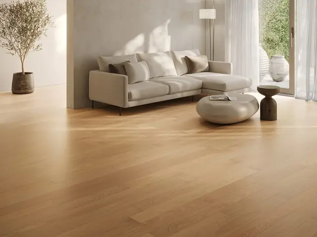 Infografía 3D de salón con pavimento Woodcover Oak Zamora de pluscover, catálogo comercial de pavimentos (Grupo Habermas)