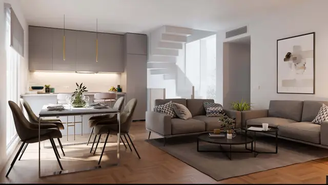Infografía 3D de salón comedor con escalera de Puntal de Dueñas, edificio residencial en Sevilla (Juan Luis Sánchez)