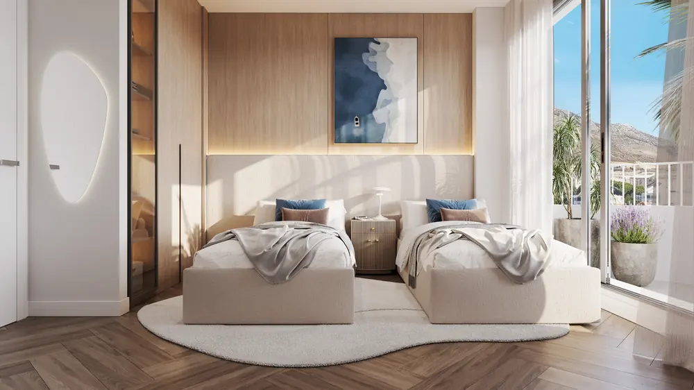 Render contractual del dormitorio de una vivienda sobre plano con suelo de madera en espiga