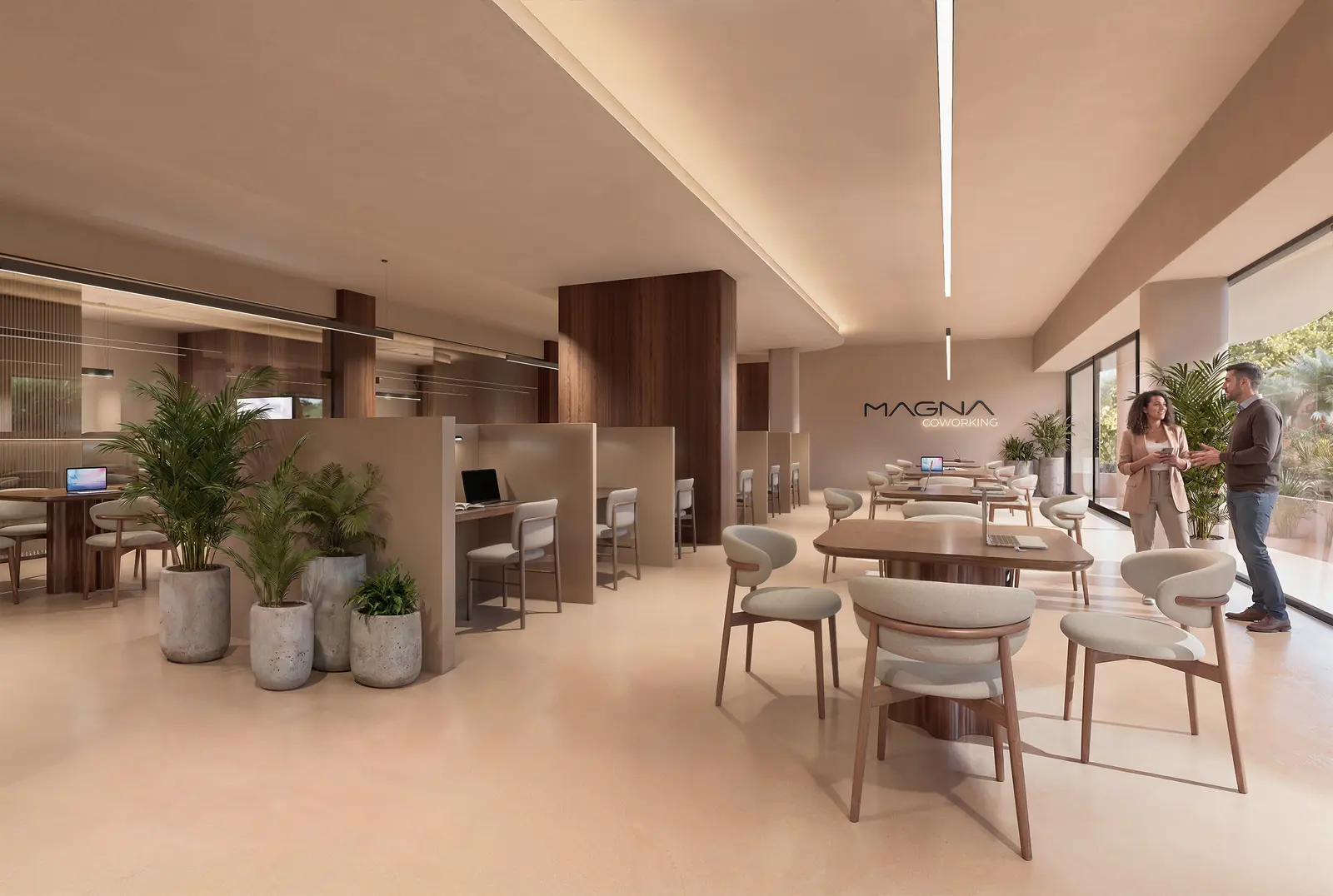 Infografía 3D de Magna Coworking, puestos de trabajo y mesas compartidas de Residencial Magna, promoción residencial en Torremolinos, Málaga (factor(ia))