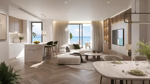Infografía 3D de salón con cocina abierta y vistas al mar de Residencial Magna, promoción residencial en Torremolinos, Málaga (factor(ia))
