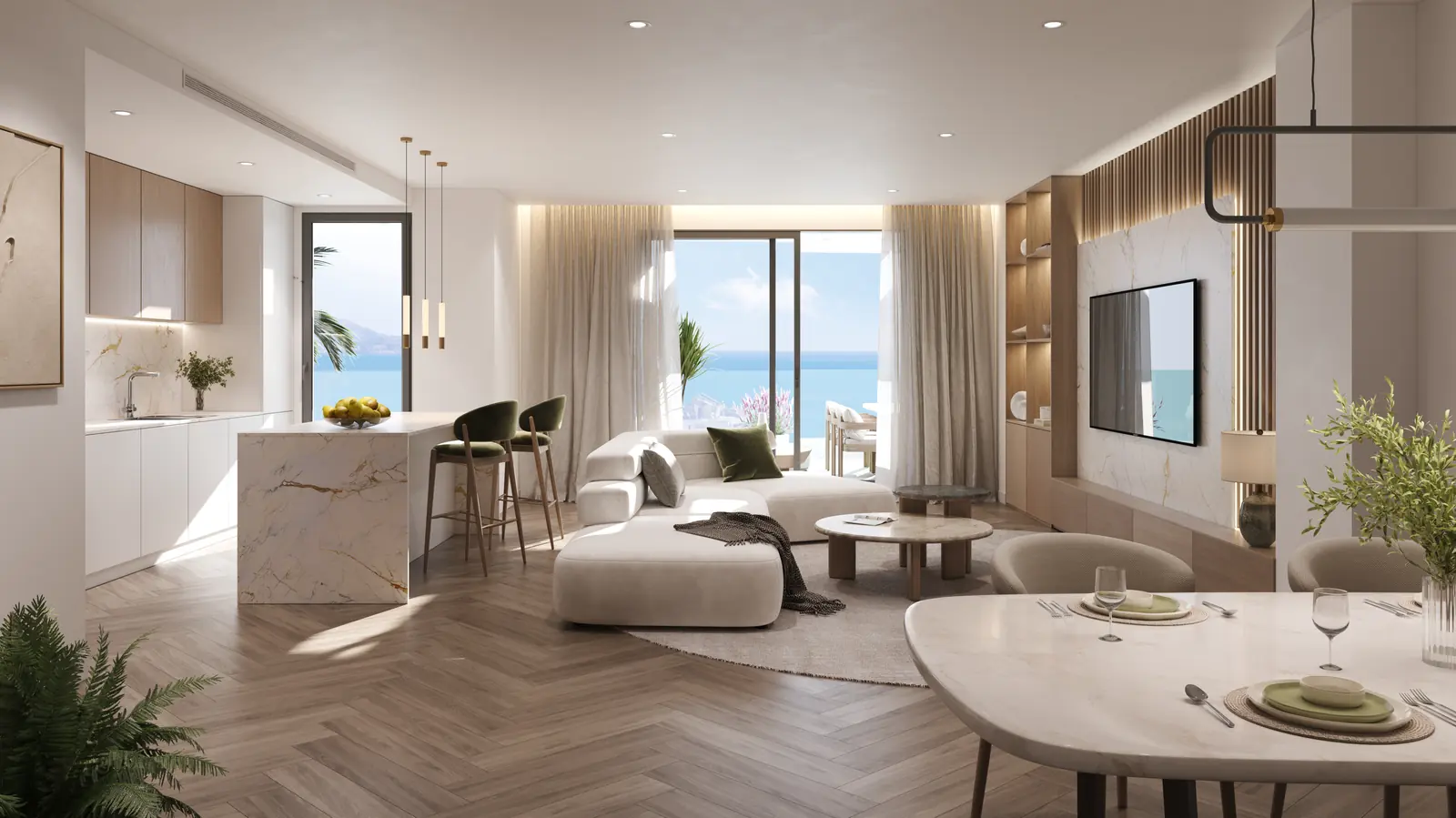 Infografía 3D de salón con cocina abierta y vistas al mar de Residencial Magna, promoción residencial en Torremolinos, Málaga (factor(ia))