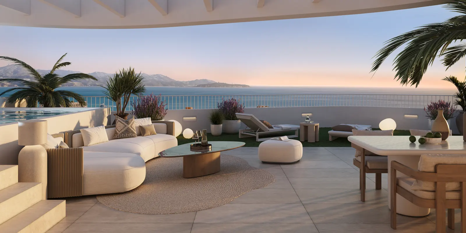 Infografía 3D de terraza de ático con vistas al mar al atardecer de Residencial Magna, promoción residencial en Torremolinos, Málaga (factor(ia))