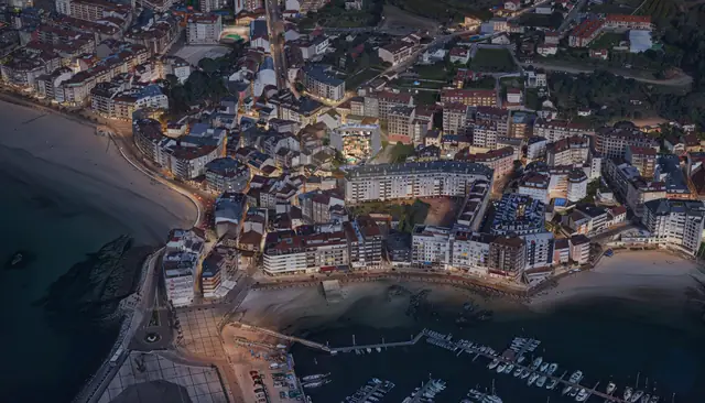 Infografía 3D de vista aérea nocturna de Sanxenxo de Silgar, promoción residencial en Sanxenxo, Pontevedra (EB Arquitectos)