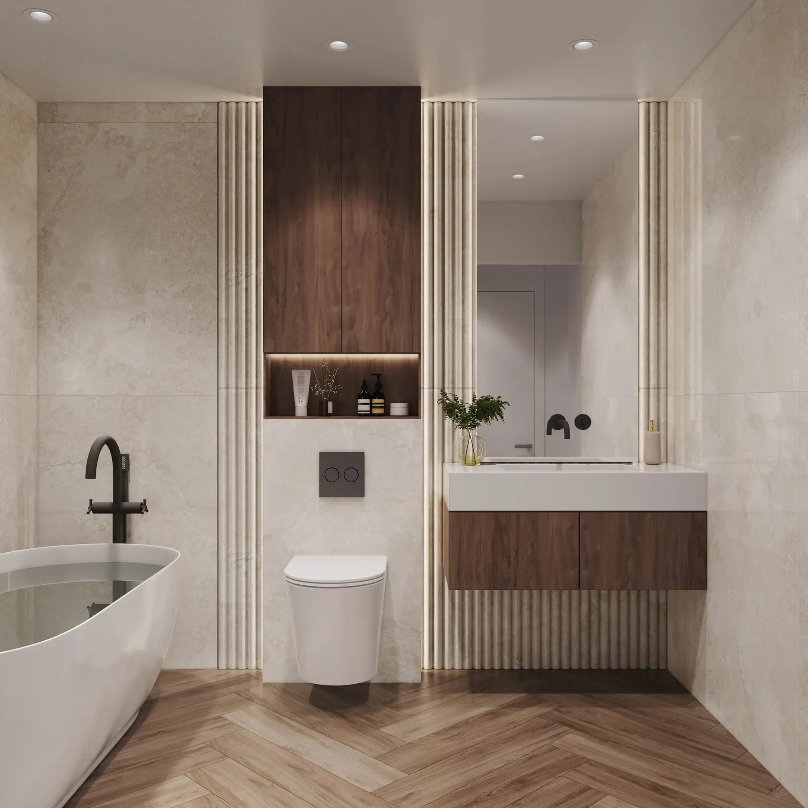 Infografía 3D de baño con bañera exenta de Silgar, promoción residencial en Sanxenxo, Pontevedra (EB Arquitectos)