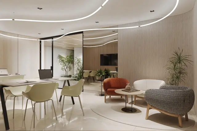 Infografía 3D de coworking de zonas comunes de Silgar, promoción residencial en Sanxenxo, Pontevedra (EB Arquitectos)
