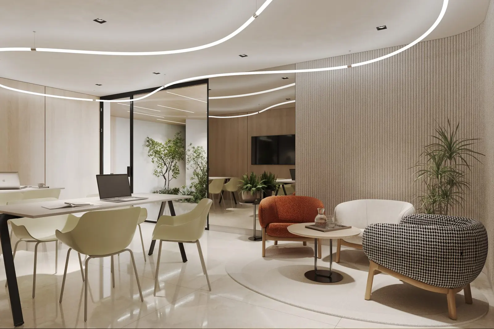 Infografía 3D de coworking de zonas comunes de Silgar, promoción residencial en Sanxenxo, Pontevedra (EB Arquitectos)