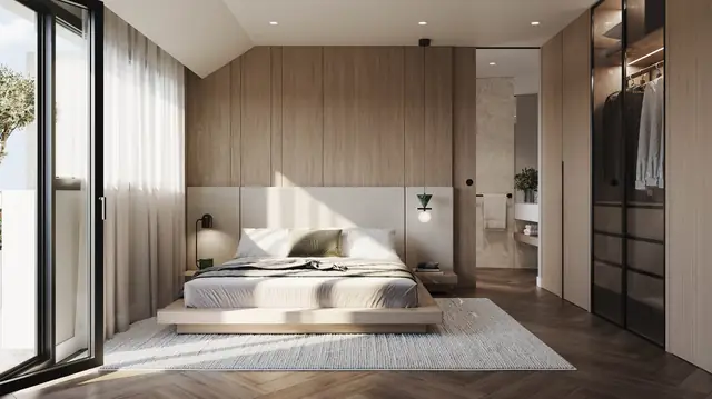 Infografía 3D de dormitorio del ático de Silgar, promoción residencial en Sanxenxo, Pontevedra (EB Arquitectos)