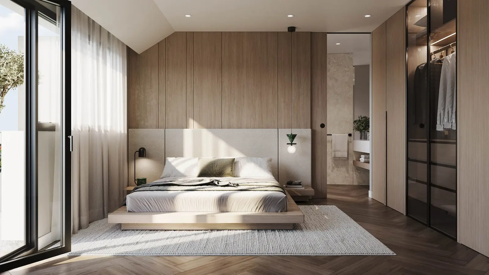 Infografía 3D de dormitorio del ático de Silgar, promoción residencial en Sanxenxo, Pontevedra (EB Arquitectos)